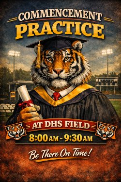 bold, clear, and school‑spirited. It features your tiger mascot in graduation attire with the DHS field in the background, emphasizing punctuality and pride.