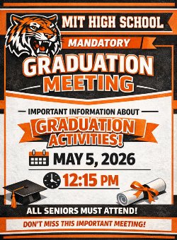 MIT High School flyer announcing a mandatory graduation meeting on May 5, 2026, at 12:15 PM, featuring the tiger mascot and school colors white, orange, and black