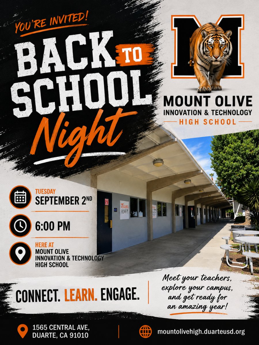 Flyer in orange, black, and white with the information for back to school night. September 2, 2026 at 6PM